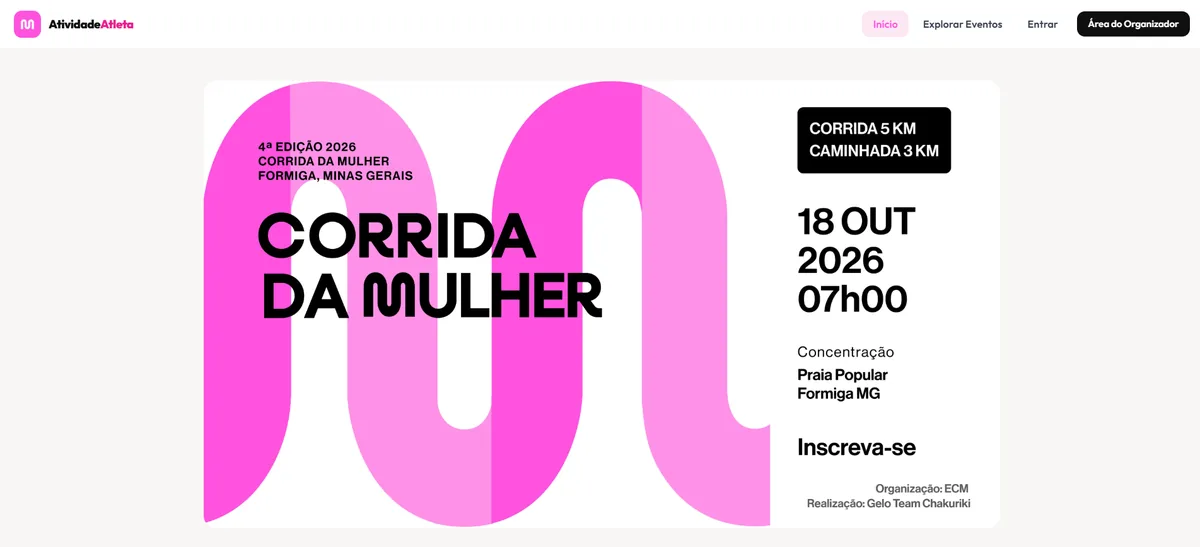 Página inicial do Atividade Atleta mostrando a Corrida da Mulher, com percursos e chamada para inscrição
